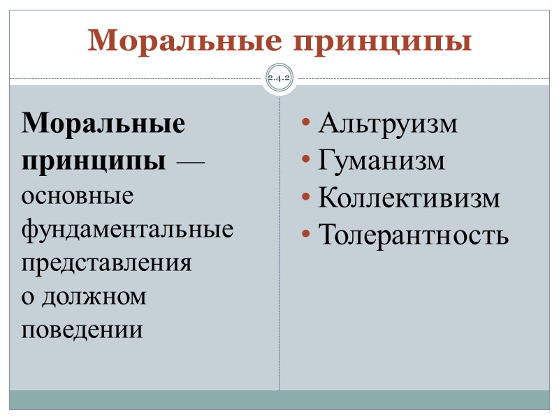 2.4.2 Моральные принципы Моральные принципы —основные фундаментальные представления о должном поведении Альтруизм Гуманизм Коллективизм